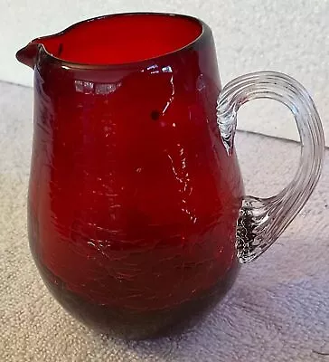 Buy Vintage CRACKLE Glass Pitcher Vase 3.75” Hand Blown Deep Red Clear Handle • 9.60£