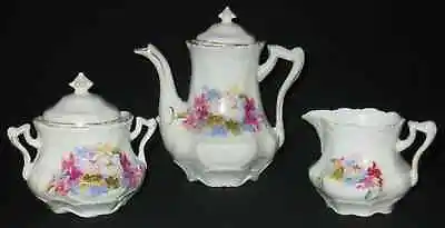 Buy Antique Hand Decorated Floral Tea Set 3 Piece Embossed Bulbous Scalloped Gold Tr • 28.72£