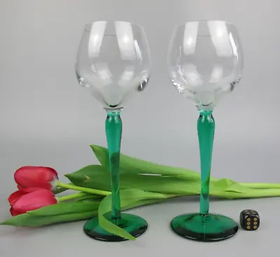 Buy Hock Glasses: Wine Cocktail Champagne X 2. Green Stem. 1950's Vintage Glass 20cl • 10.99£