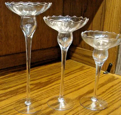 Buy Set (3) Long Stem Clear Glass Candle Holders~Scalloped Rim~10  9  7.5  Tall U18 • 21.57£