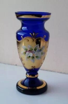 Buy Cobalt Blue Bohemian Glass Vase Gilded With Enamel Painted Flowers Height 5  • 9£