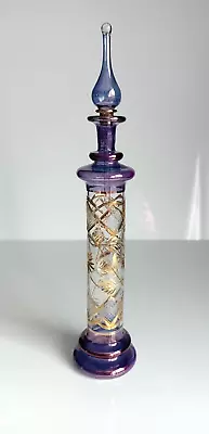 Buy Vintage Bohemian Cut Glass Perfume Oil Bottle Engraved Gold Gilt Purple Lustre • 8£