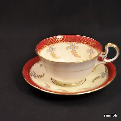 Buy Aynsley Doris Handle Cup & Saucer Hand Painted Blue Flowers Red W/Gold 1934-1939 • 73£