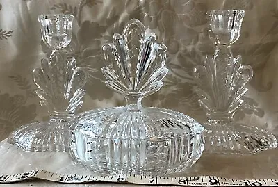 Buy Antique Art Deco Moulded Glass Dressing Table Candlesticks & Trinket Pot C1930s • 20£
