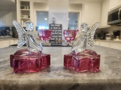 Buy Set Of (2) Flashed Cranberry Glass Angel On Star Base Candle Holders • 11.38£