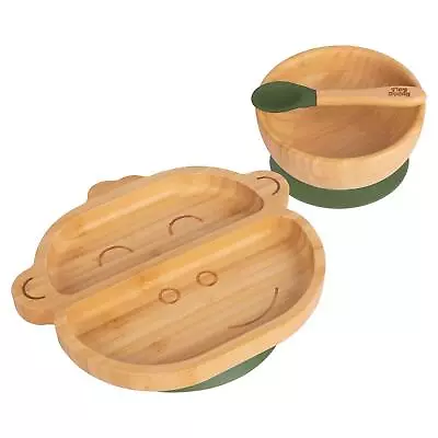 Buy 3pc Tiny Dining Olive Green Monkey Bamboo Suction Dinner Set Plate Bowl Spoon • 24£