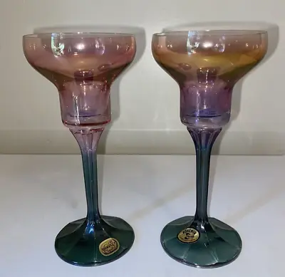 Buy Set Of 2 Czechoslovakia Bohemian Glass  Crystal Amethyst & Sea Green Goblets • 24.70£