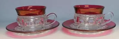 Buy Indiana Glass Ruby Red Flash Kings Crown Thumbprint Pair Of Cups & Saucers • 18.97£