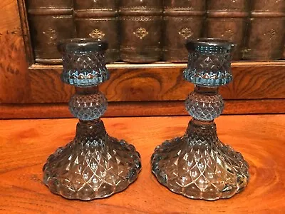 Buy Pair Of Vintage Pale Blue Pressed Glass 4” Candlesticks Candle Holders • 24£