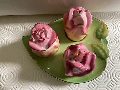 Buy Royal Winton Grimwades Pink Rosebuds On Leaf Tray 5 Piece Cruet Set Salt Pepper • 24.99£