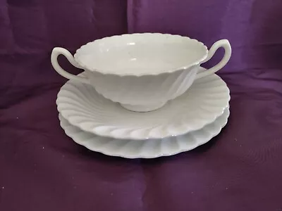 Buy Minton Bone China Footed Soup Bowl, Saucer And Side Plate Set White Fife Pattern • 22.56£