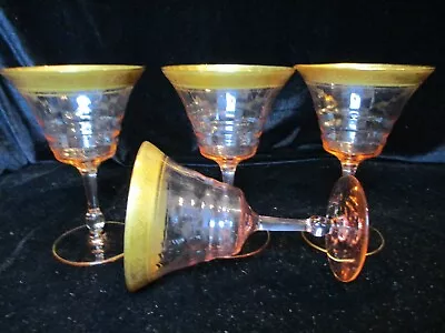 Buy Vintage Pink Optic Design Wide Gold Encrusted Band On Bowl 4 Wine Goblets 5 1/8  • 28.77£