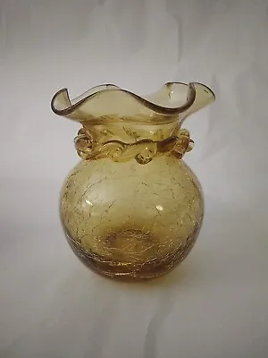 Buy Vintage Pilgrim Blenko CRACKLE Glass Amber RIGAREE Vase Handblown Honey Ruffle • 19.03£
