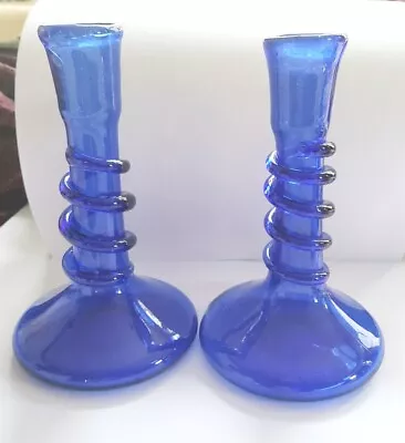 Buy TWO 14cm Antique Quality Cobalt Blue Hand Blown Twisted Glass Candlesticks (1) • 24.99£