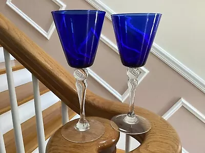 Buy Set Of 2 Vintage Hand Blown Cobalt Blue With Clear Ball Stem Wine Glass  8 Tall • 27.34£
