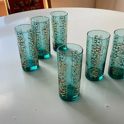 Buy Set Of 6 Midcentury Retro High Glasses / Blue & Gold Detailing / Abstract Finish • 46£