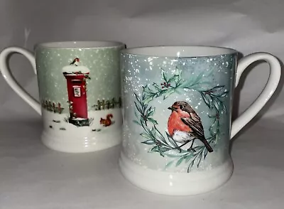 Buy Tesco Mug Frosted Forest Christmas Robin & Postbox Tankard 1/2 Pint Stoneware X2 • 10.39£