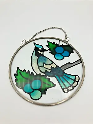 Buy Green Stained Glass Round Suncatcher Woodland Bird Lapwing Berry Branch W:13cm • 8£