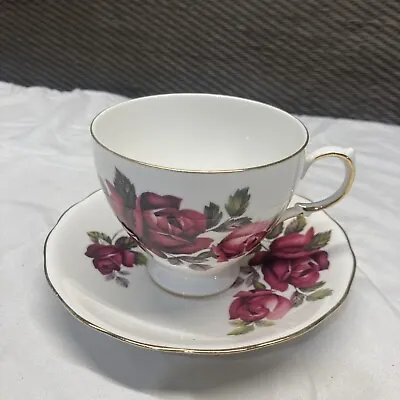 Buy Vintage Queen Anne Cup & Saucer Bone China Made In England Dark Pink Roses 8171 • 5.69£