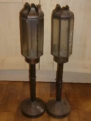 Buy Pair Of Antique Tall Floor Standing Metal & Glass Candle Holders H 58 Cm • 39.99£