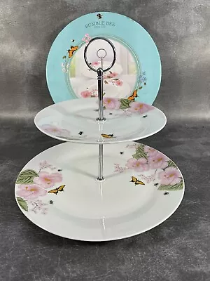 Buy Bumble Bee Tea Co Two Tier Cake Stand  Porcelain  White  Pink Floral Design • 9.95£