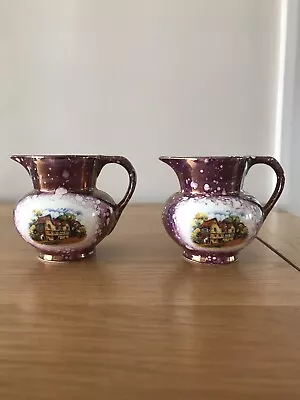 Buy Vintage Grays Pottery A Pair Of Small Purple Jugs With Country Inn Design. • 28£