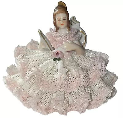 Buy Dresden Figurine Lady White Pink Lace Chair Fan Western Germany Marked D Crown • 48.01£
