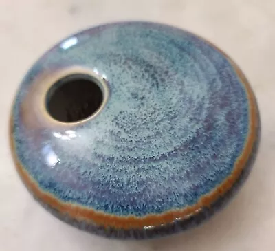 Buy ROUND Blue Art Pottery Ikebana Vase Signed GP With Metal Flower Frog 5” Across • 21.81£