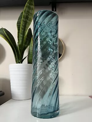 Buy Hand Blown Swedish Aqua Blue Glass Vase With  Swirl Effect Pattern 11.5” X 3.5” • 25£