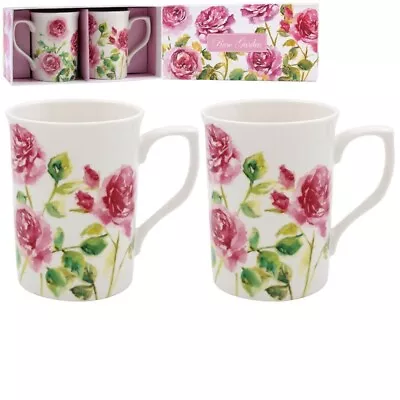 Buy Rose Garden Pink Floral Fine China Mugs Set Of 2 Gift Boxed • 13.99£