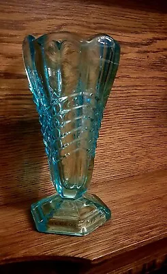 Buy Davidson Glass Art Deco Chevron Vase Turquoise Blue • 15£