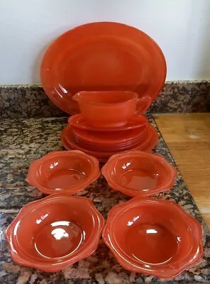 Buy Vintage 1960s Pyrex Red Sprayware Dinner Set 8 Plates Gravy 4 Bowls Scallop 1481 • 75£