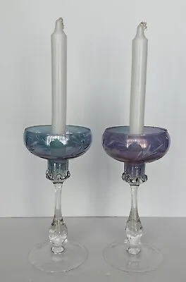 Buy (2) Vintage Italian Cut Crystal Handblown Candlestick Holders Purple Blue Flash • 37£
