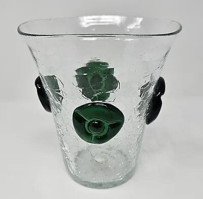 Buy Vintage Blenko Glass MCM Crackle Glass Vase With Emerald Green Additions • 30.02£