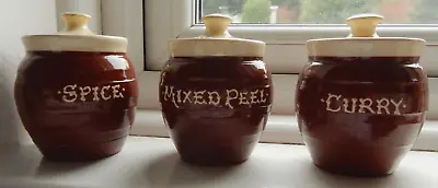 Buy Vintage C H Brannam Pottery 3 Barrel Storage Jars + Lids SPICE CURRY MIXED PEEL • 45£