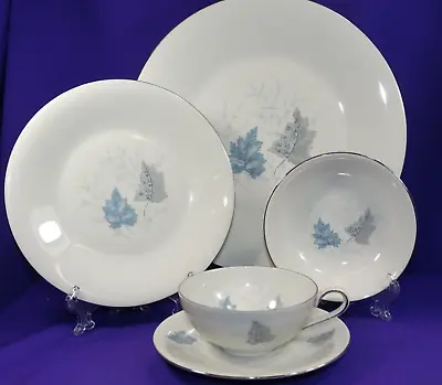 Buy 5 Pc Place Setting Forest Fine China Dinnerware Windward Blue / Grey Leaves • 28.92£