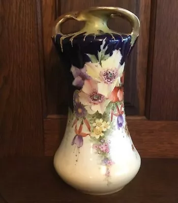 Buy AMPHORA PAUL DACHSEL GILDED TWIN HANDLED VASE DECORATED  WITH FLOWERS.  24cms. • 85£