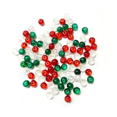Buy 100 Christmas Crackle Glass Bead Mix - 6mm - Red, White, Green - K0357 • 4.09£