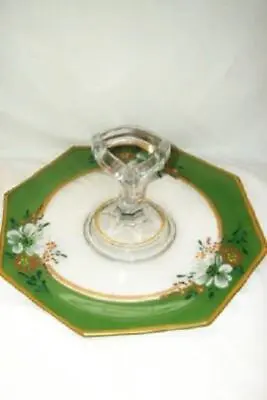 Buy Depression Glass Serving Plate Handle Hp Floral Green Band 24 Kt Gold Octagon • 35.01£