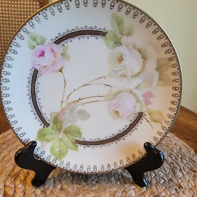 Buy Antique Bavarian Porcelain Plate Hand Painted Pink & White Roses, Gold Trim 8.5  • 13.70£