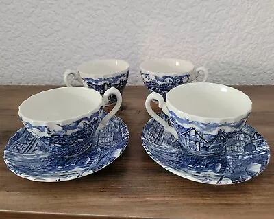 Buy Vintage 40s/50s Alfred Meakin  The Post House  Blue & White 4 Cups & 2 Saucers • 10£