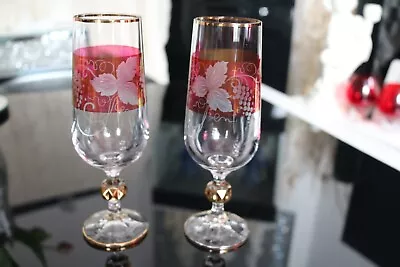 Buy 2 X Vintage Bohemian Cranberry Red Crystal Champagne Flutes  Etched Grapevines • 16£