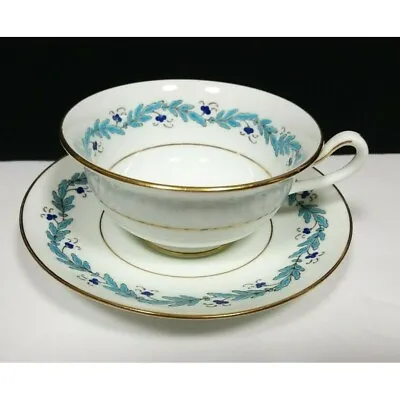 Buy Lot/11 Cauldon Bone China Roosevelt Cup Saucer Set Blue Leaves Gold Trim England • 113.76£