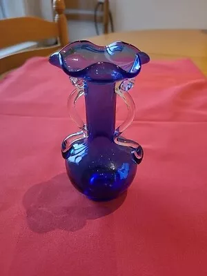 Buy Cobalt Blue Glass Bud Vase Ruffled  Rim Hand Blown Vintage 6 Inch Murano Style • 5£