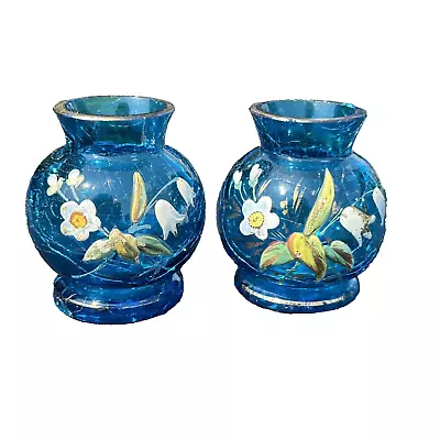 Buy Moser Harrach Glass Crackle Vases Enamel Flowers Blue 1900 • 45£