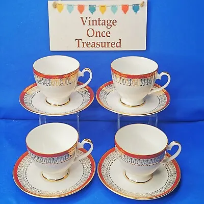 Buy Royal Grafton MAJESTIC Maroon * 4 X Footed TEA CUPS & SAUCERS *  Vtg 1950s EXC • 11.93£