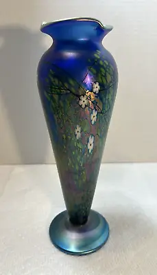 Buy Richard Golding Art Glass Vase Okra 2001 BW-13 Iridescent Blue W/Cane Flowers • 168.66£