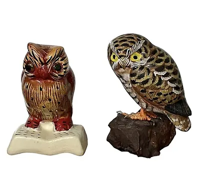 Buy Two Collectable Vintage Owl Figurines Hand Painted Ceramic Glass Eyes & Folk Art • 9.99£