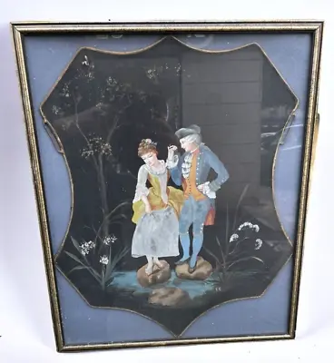Buy Antique Painting Gouache Fabric Lady Man Frame Glass Gallant Noble Rare Old 19th • 638.56£