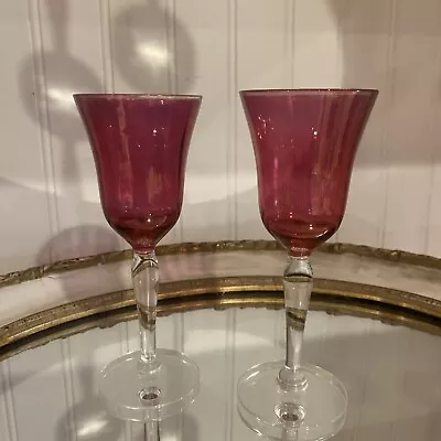Buy Cranberry Glass Optic Panel Clear Stem Set Of Two - Vintage 6” Glass Wine • 9.44£